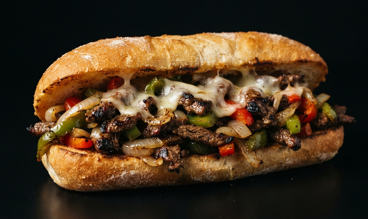 Steak with onions and peppers sandwich