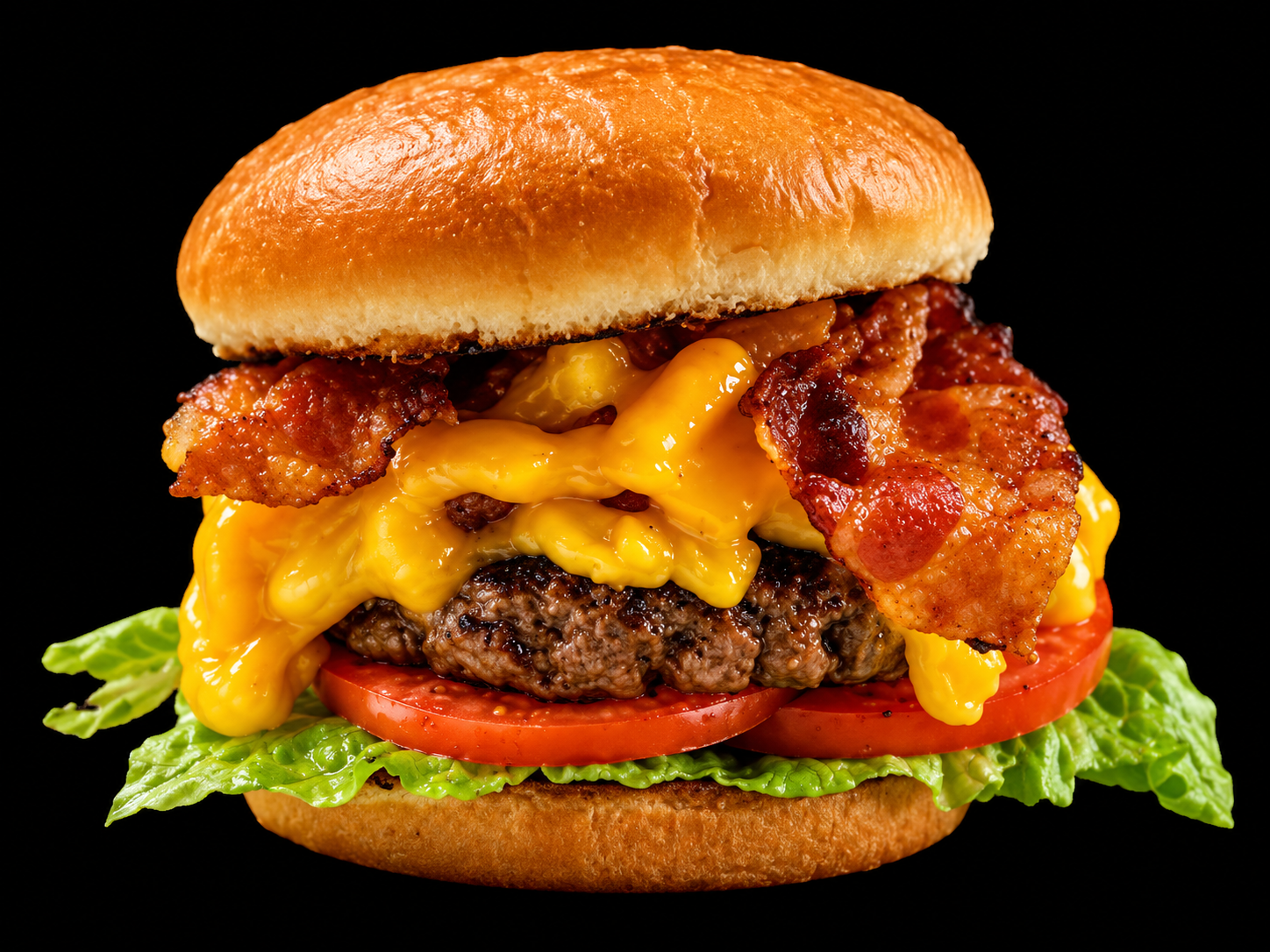 Mac and cheese bacon cheeseburger with lettuce and tomato