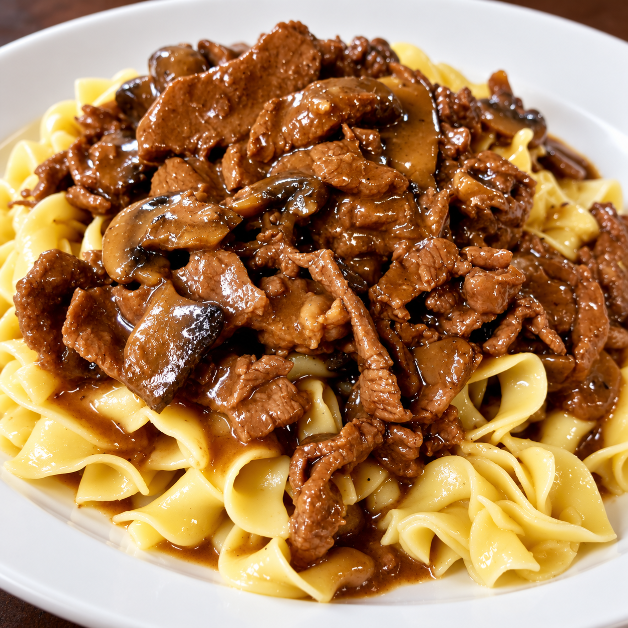 Beef and mushroom stroganoff over egg noodles
