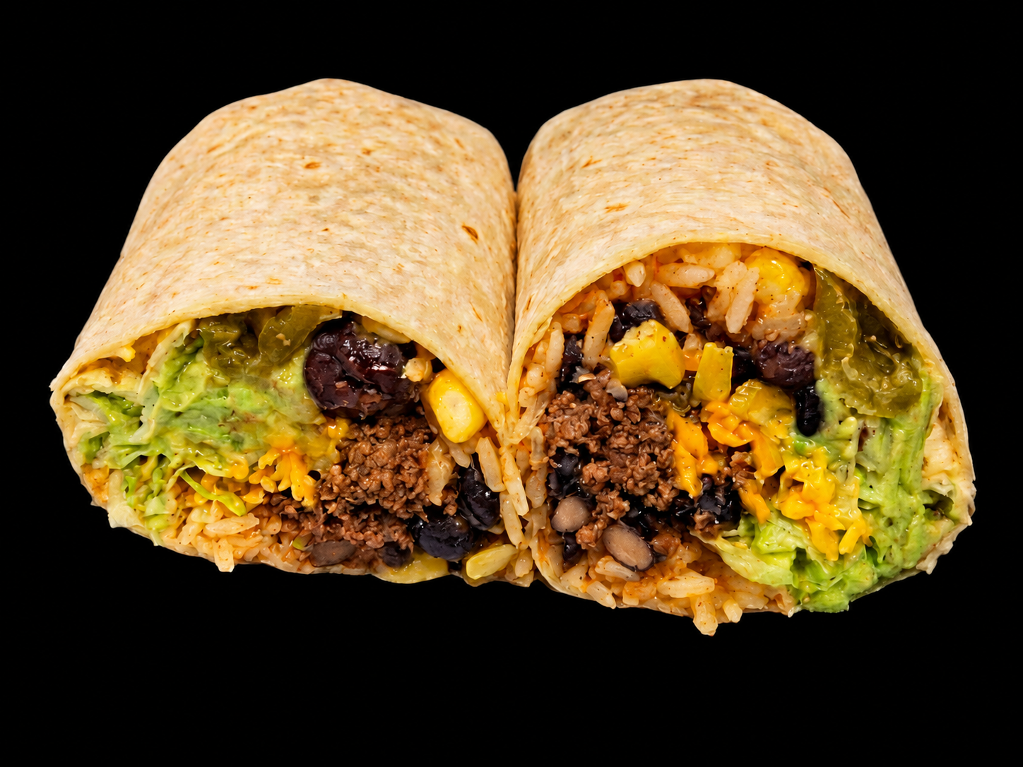 Gourmet burrito halves with colorful fillings