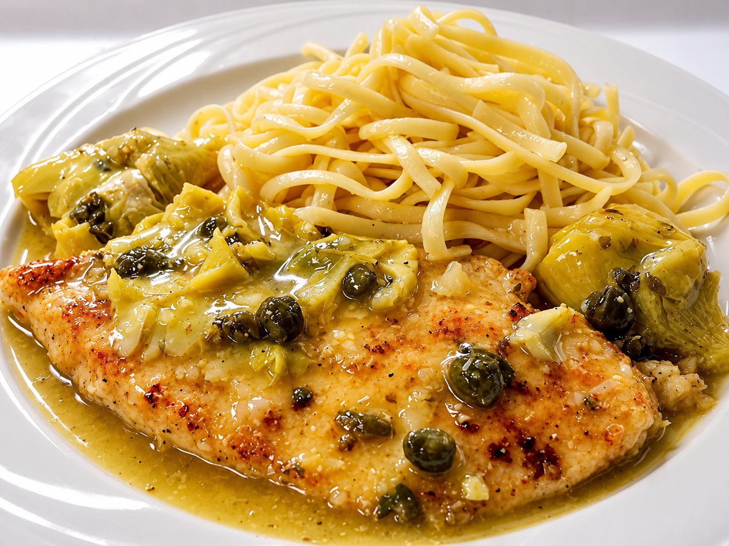 Lemony chicken with capers and pasta