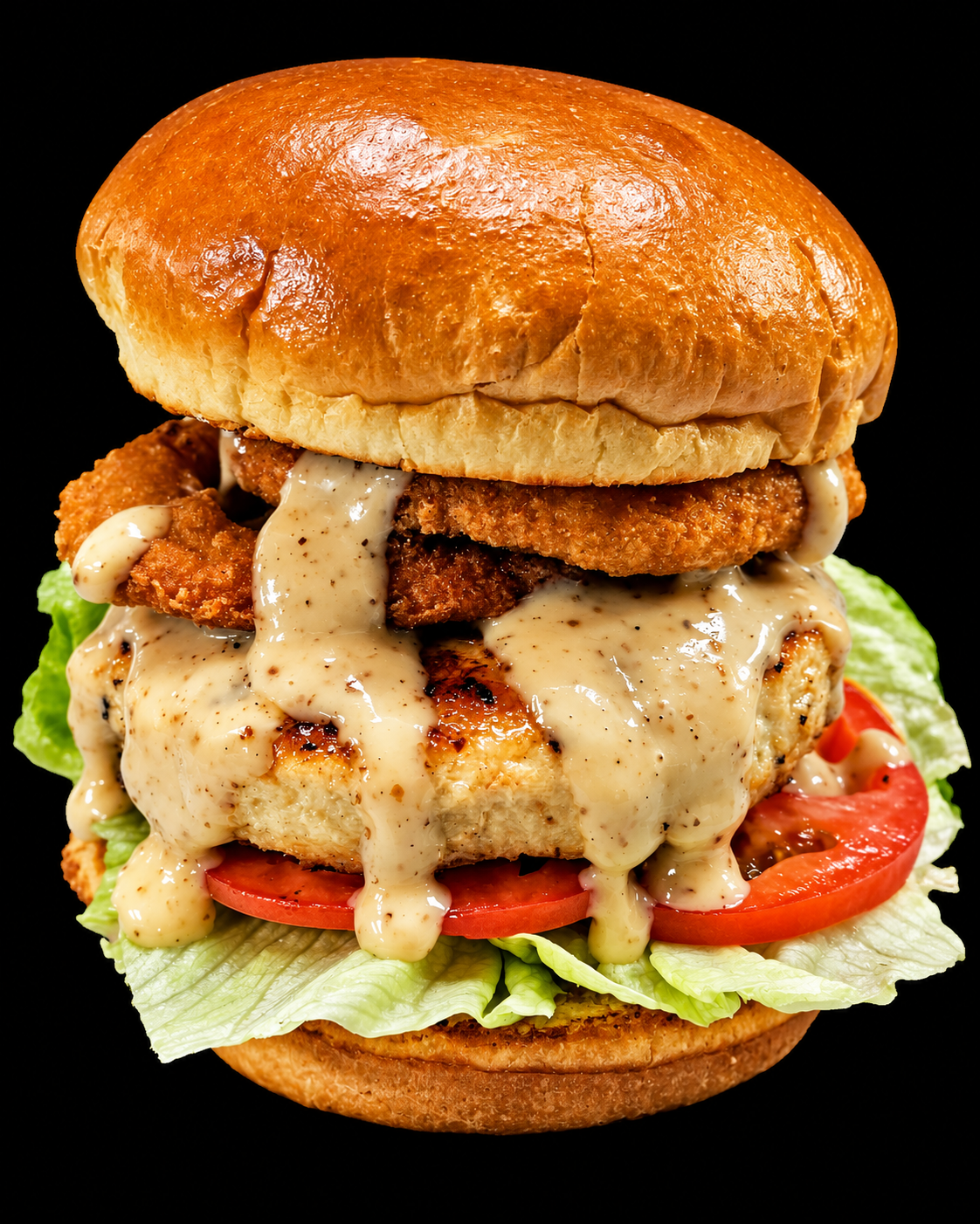 Crispy pepper sauce gourmet burger with lettuce and tomato