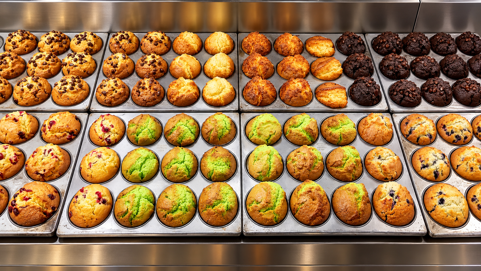 Colorful assorted muffin tray bakery display with chocolate chip, blueberry, cranberry and pistachio flavors