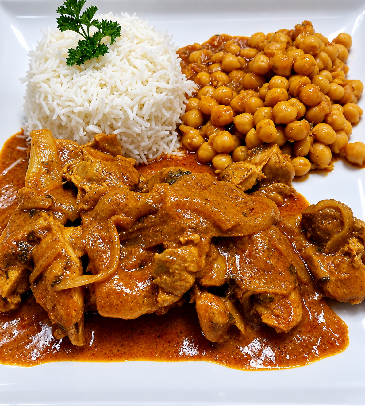Hearty chicken curry with chickpeas and basmati rice platter