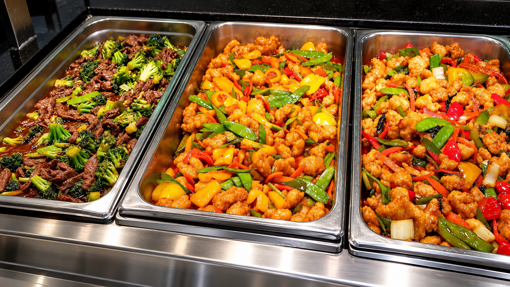 Three-tray Asian buffet feast with beef broccoli, sweet and sour chicken, and stir-fry vegetables