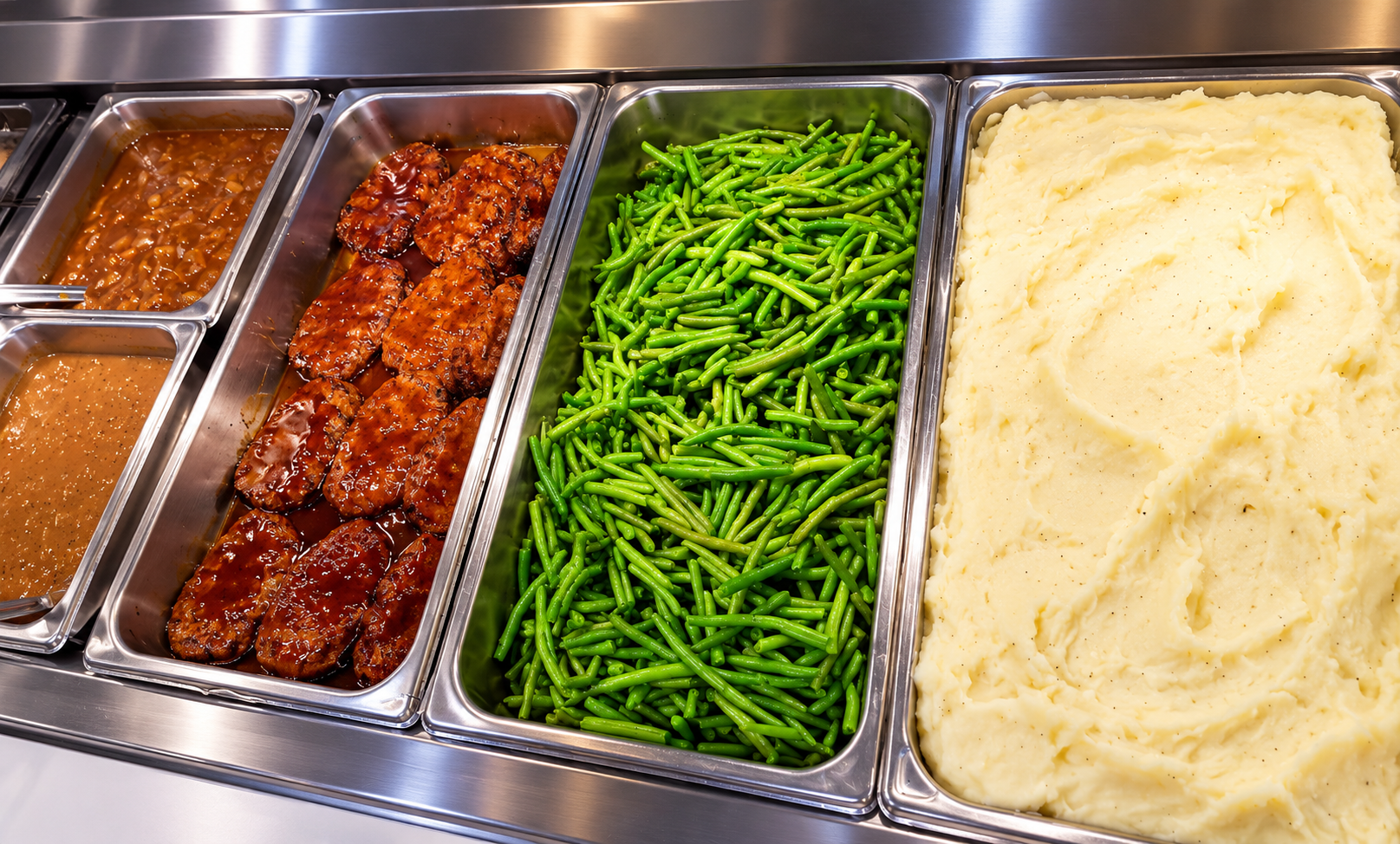Classic comfort food buffet line with glazed meatballs, green beans, mashed potatoes and gravy in stainless steel trays