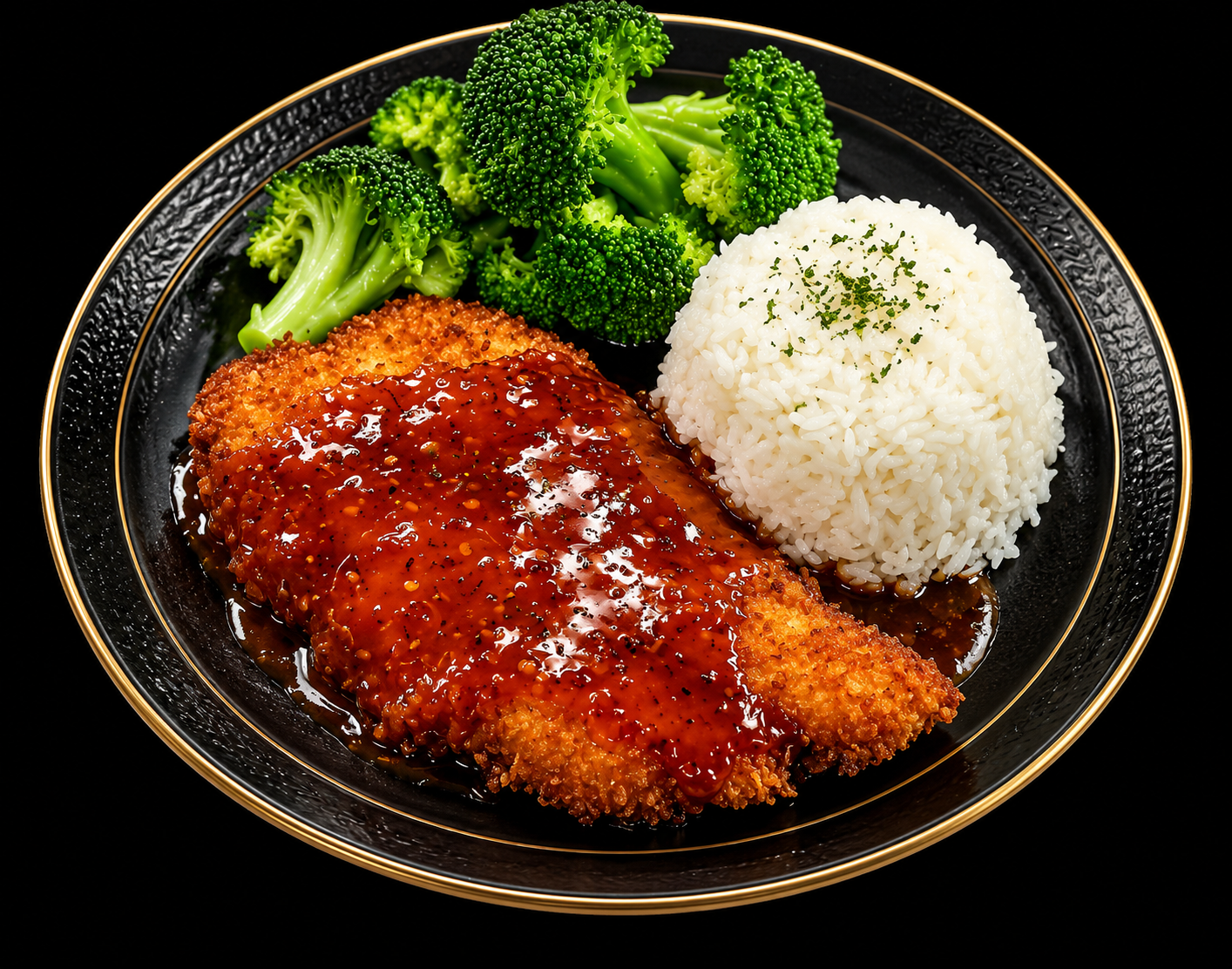 Gourmet tonkatsu plate with glazed sauce, steamed white rice and fresh broccoli on black gold-rimmed plate